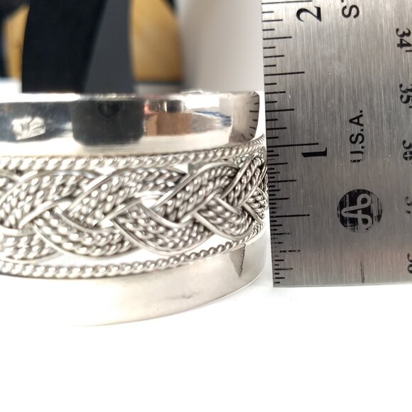 Silver Tone Braided Cuff Bracelet  Preppy Modern Western Stamped Mark Front - Picture 9 of 9